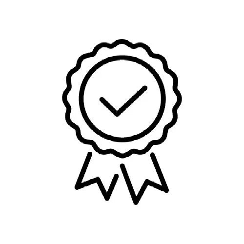 Black and white icon of a check mark inside a circular certificate ribbon on a white background